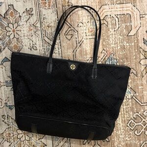 Designer inspired Black Logo Nylon Tote Gold logo with wristlet
